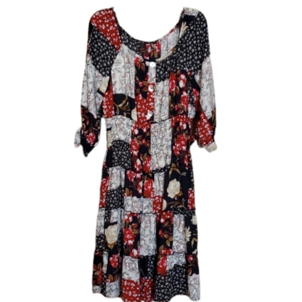 Cracker Barrel Black & Red Floral Peasant Patchwork‎ Cottage Dress Size Medium